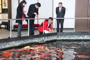 錦鯉に餌をあげるベトナム大使館公使参事官と大塚市長の画像