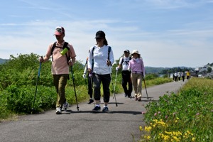 信濃川の土手を下流に向かって歩く参加者の画像