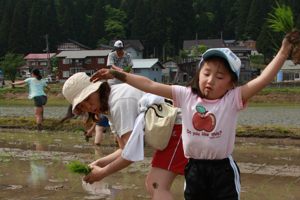 親子が田植えをしている画像