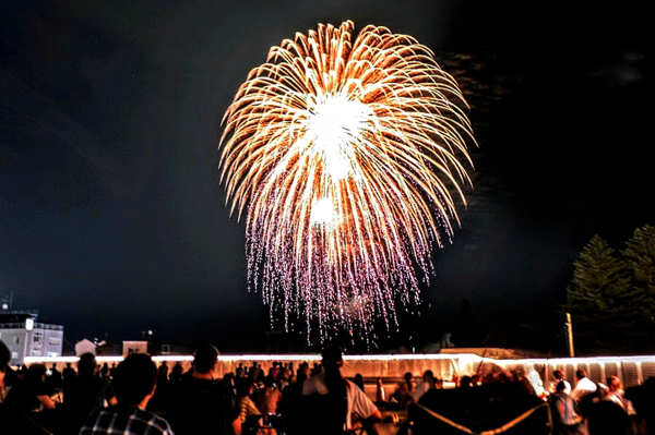 花火と花火を見る観客の画像