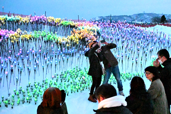 オヂヤホタルを背景に写真撮影を楽しむ来場者の画像