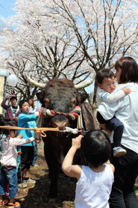 子どもたちに囲まれる先代「牛太郎」の画像