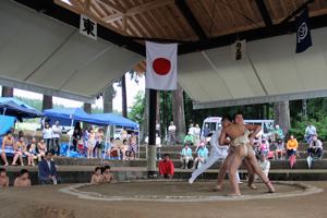 屋根の下の土俵で熱戦を繰り広げる学童の画像